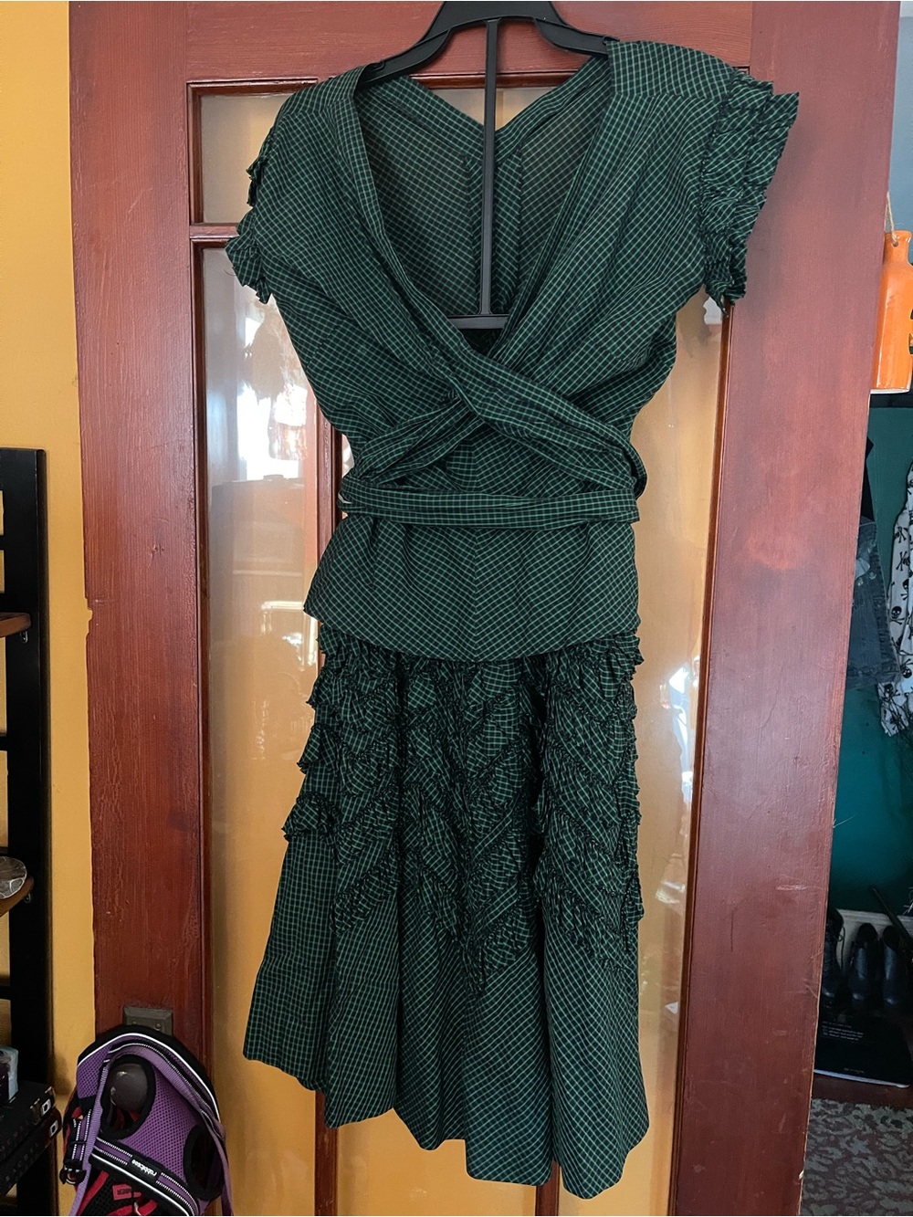 Emerald Green gingham Vintage 1940s 2 Piece Dress